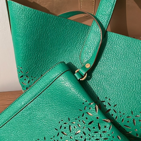 RALPH LAUREN Laser Cut Perforated Chantilly Tote Bag Clutch Green Purse Leather - Picture 3 of 16